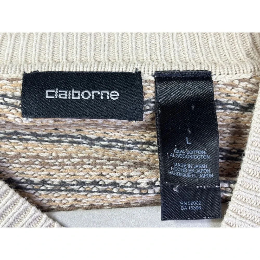 Claiborne Mens V-Neck Cotton Sweater Large Beige Tan Geometric Knit Pullover